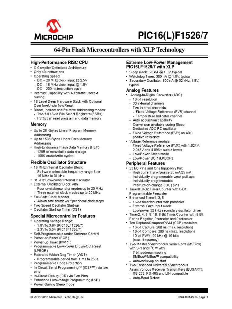 PIC16 (L) F1526/7: 64-Pin Flash Microcontrollers With XLP Technology ...