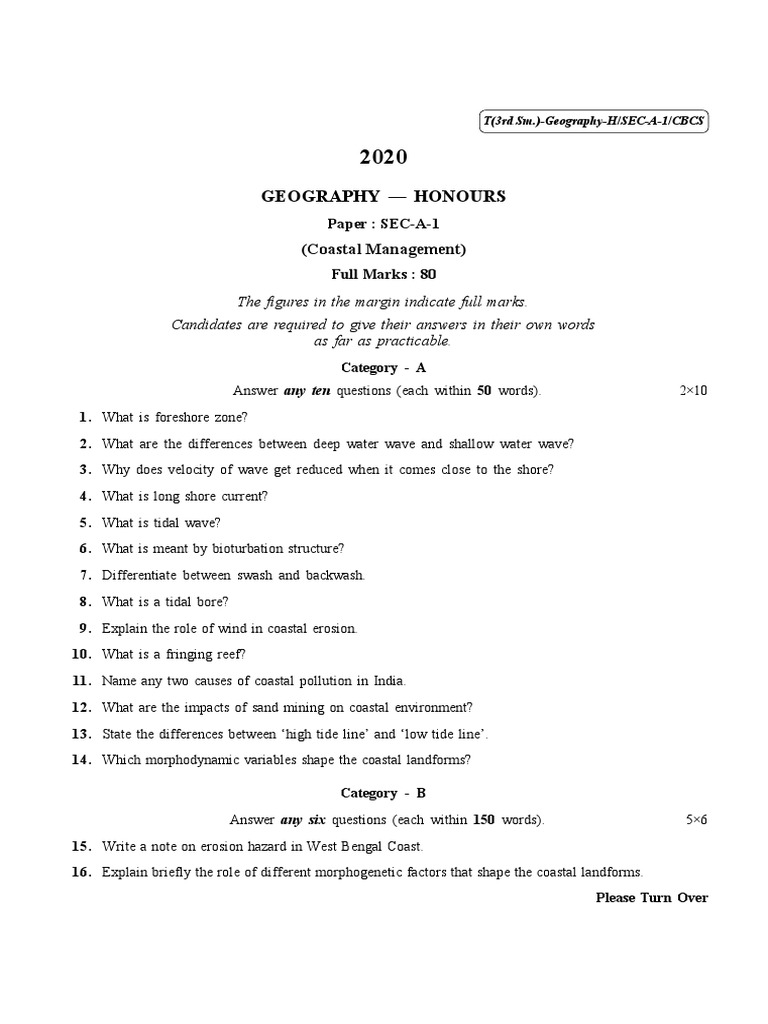 2020 Geography Honours Question Paper PDF Coast Earth Sciences