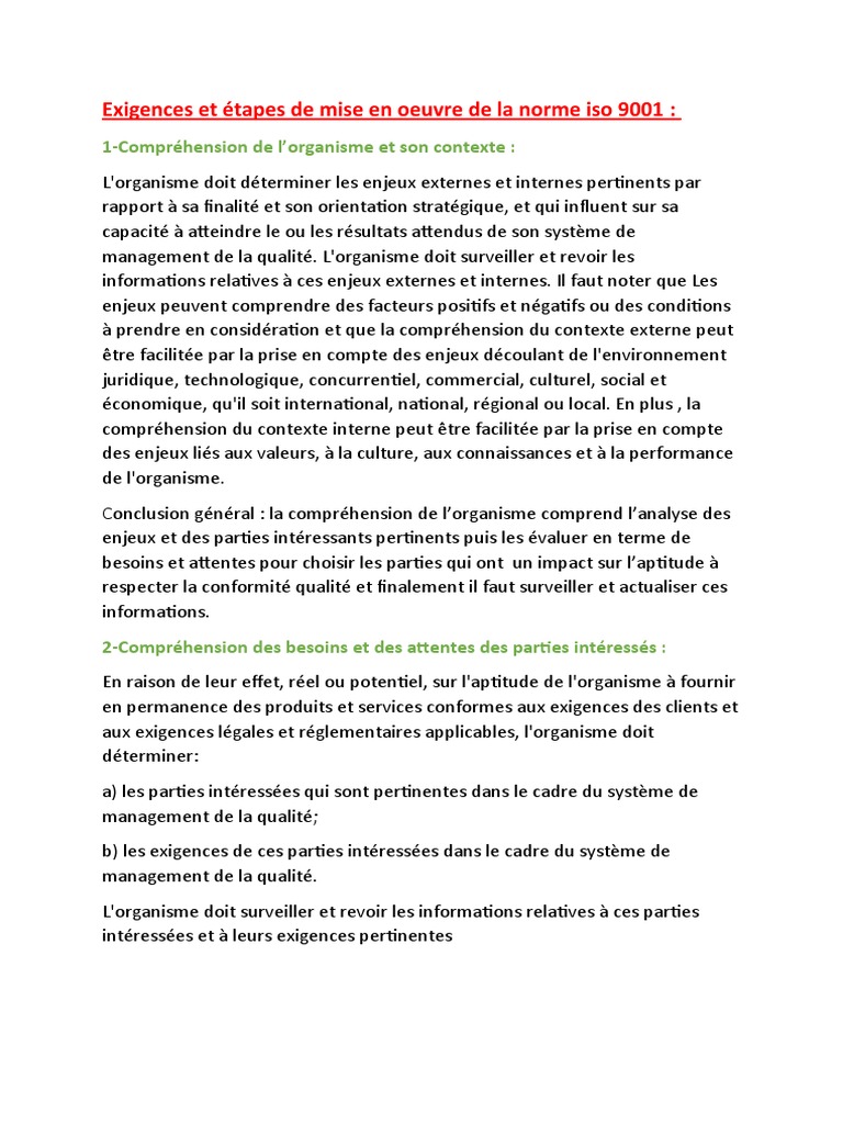 Exigences Et Étapes de Mise en Oeuvre de La Norme Iso 9001 PART 1 | PDF ...