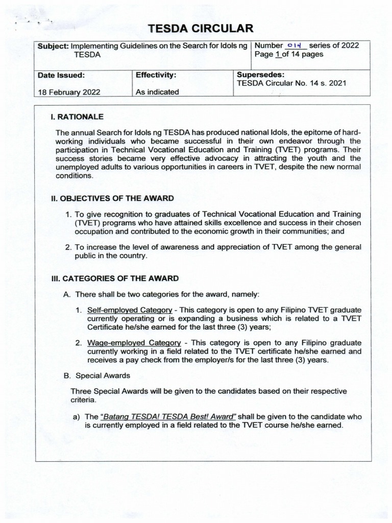 TESDA Guidelines for Idols Search 2022 | PDF | Payroll Tax | Vocational ...