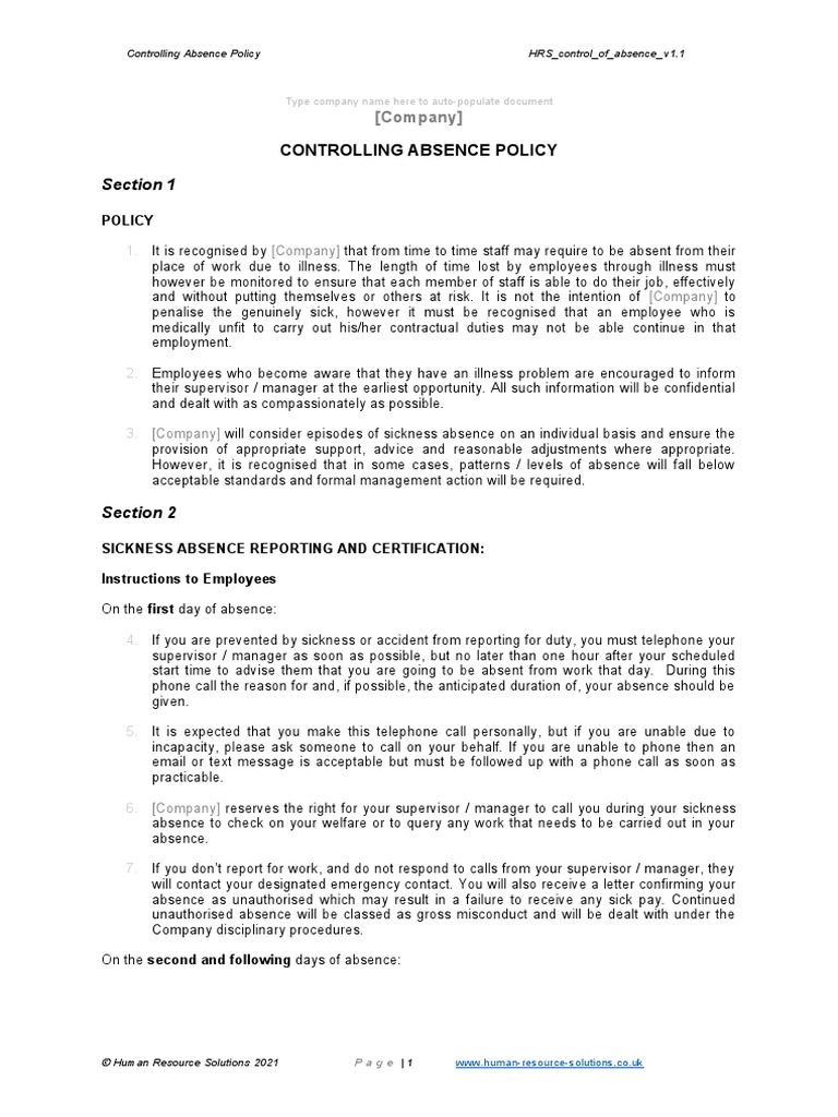 Employee Sickness Absence Policy | PDF | Employment | Sick Leave