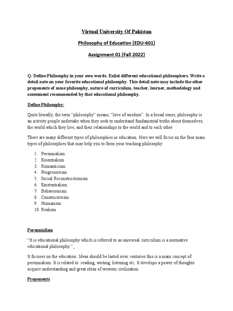 (EDU 601) Assignment 01 (Fall 2022) PDF Philosophy Of Education Teachers