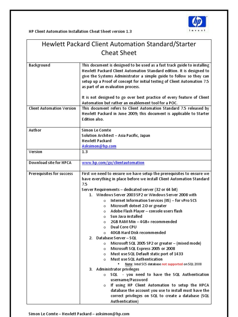 HP Client Automation Install Cheat Sheet PDF Installation Programs) Hewlett Packard