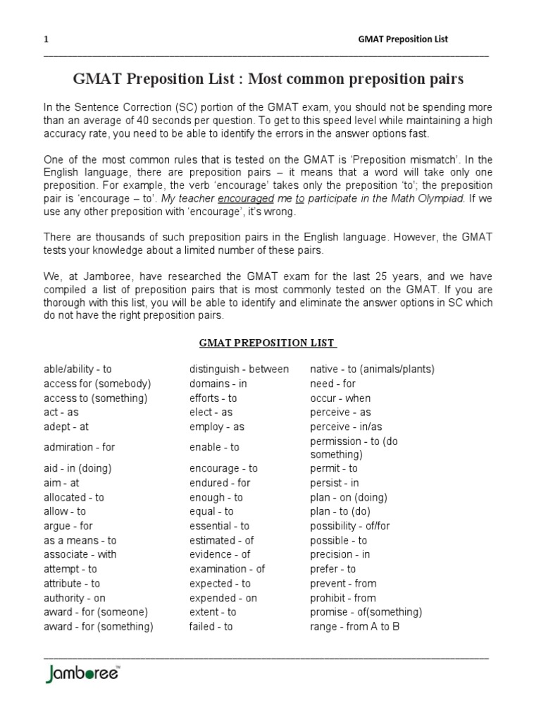GMAT Preposition Pairs Guide | PDF | Graduate Management Admission Test ...