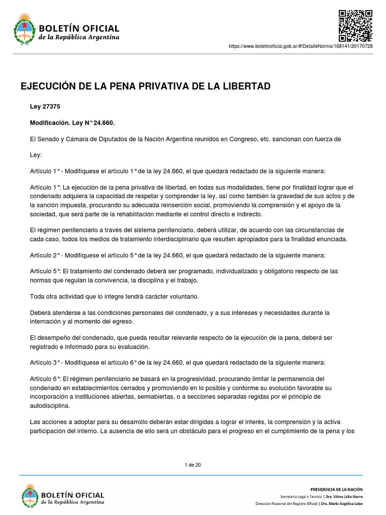 Modificaciones a la Ley 27375 Argentina | PDF | Pena capital | Prisión