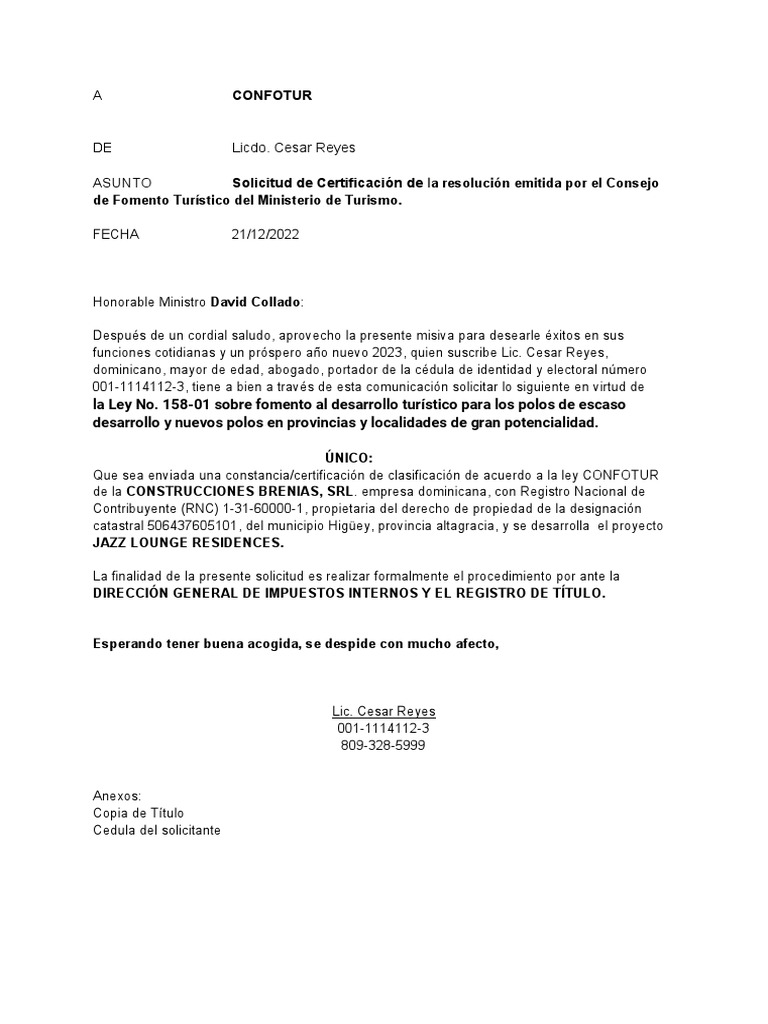 Solicitud de Certificación CONFOTUR | PDF