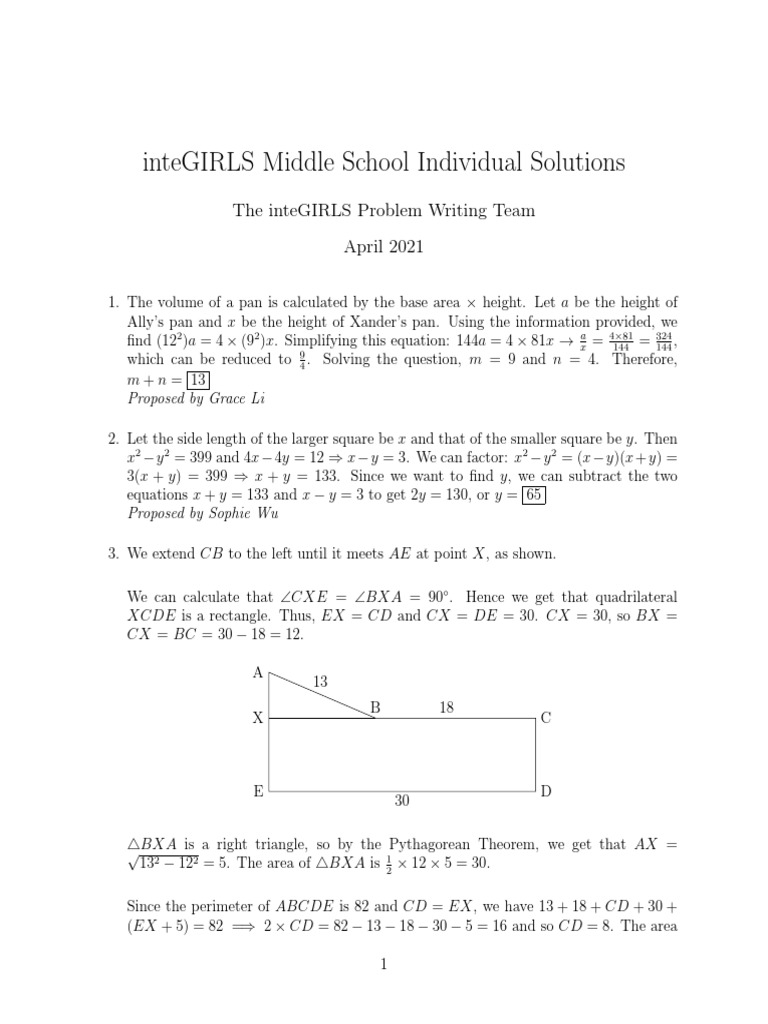 Middle School Math Solutions Guide | PDF | Equations | Area