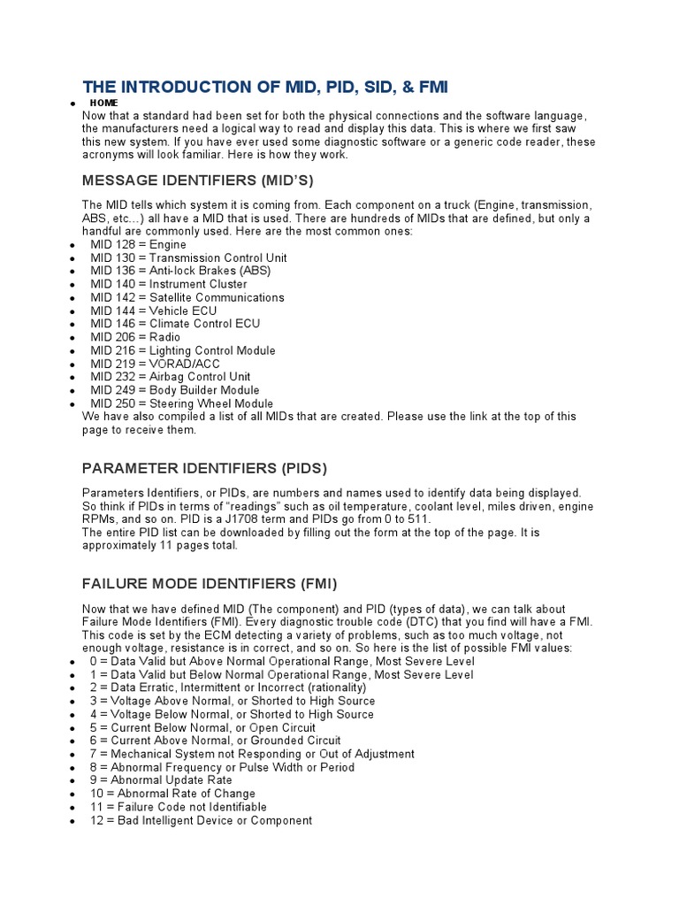 The Introduction of Mid Pid Sid & Fmi PDF Vehicle Technology