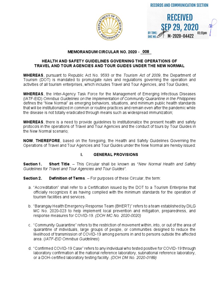 DOT MC No. 2020 008 HEALTH AND SAFETY GUIDELINES GOVERNING THE