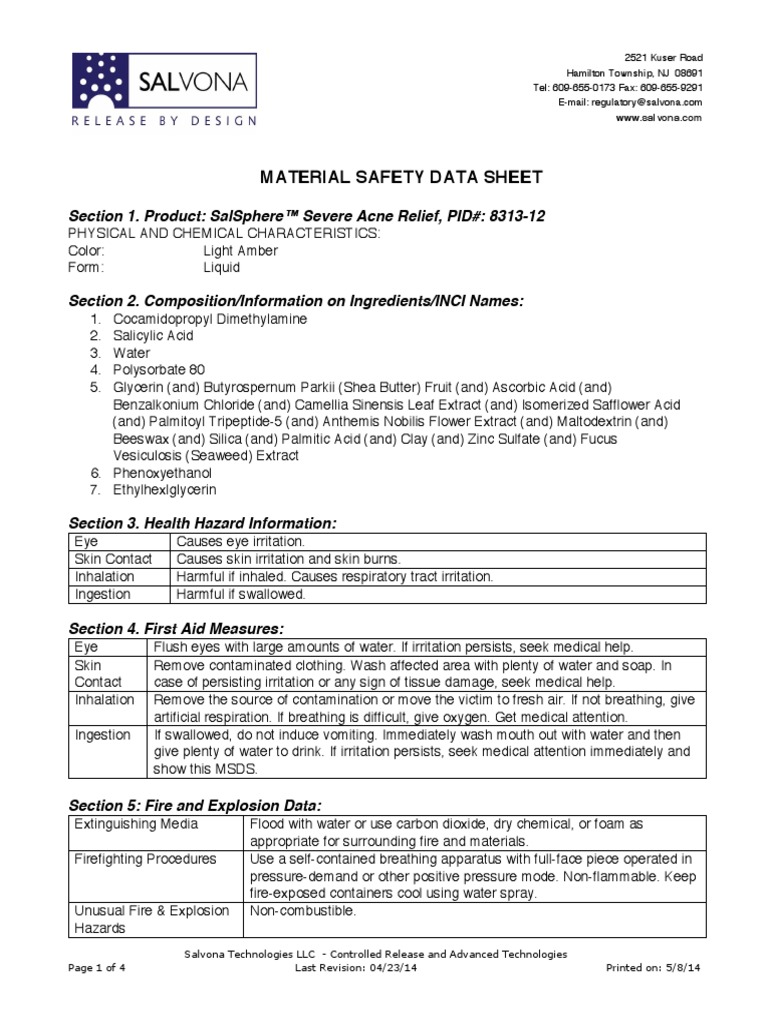 8313-12 SalSphere Severe Acne Relief (MSDS) v.04.23.14 | PDF | Personal ...