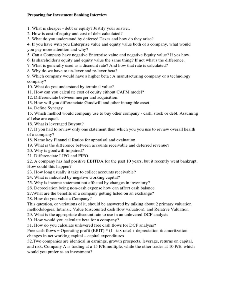 Investment Banking Interview Questions PDF Valuation (Finance
