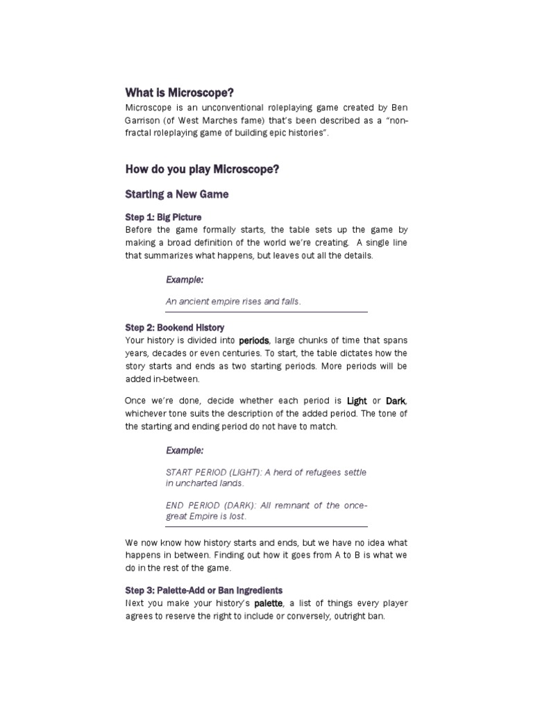 MICROSCOPE RPG Rules Summary PDF Thought