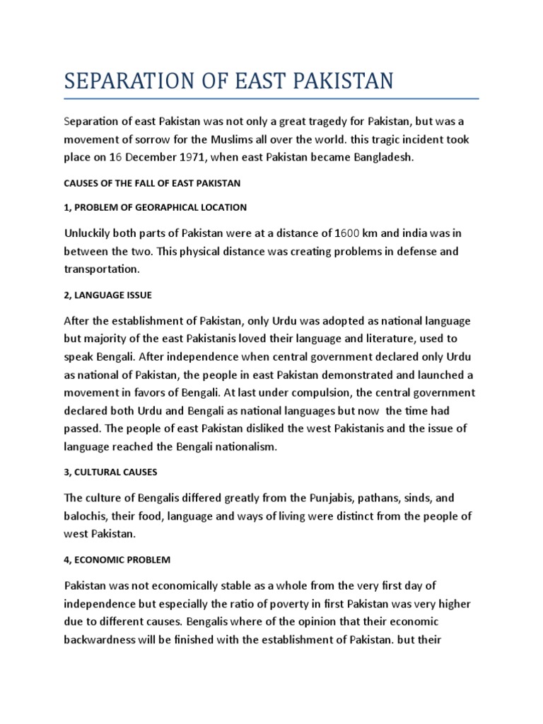 Causes of East Pakistan's Separation | PDF | Pakistan | Bangladesh
