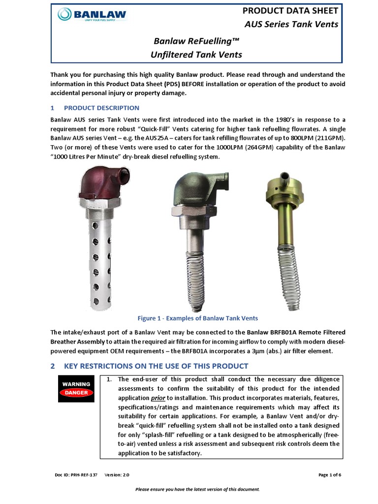 Banlaw ReFuelling AUS Series Tank Vent PDS | PDF | Valve | Pressure