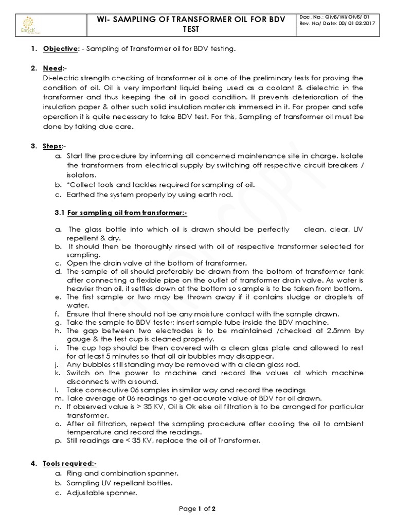 Transformer Oil BDV Sampling Procedure | PDF | Transformer | Insulator ...