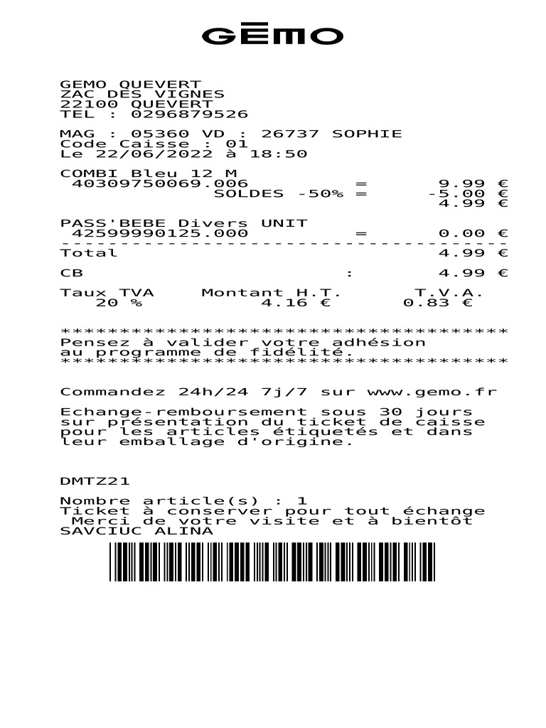 Ticket de caisse GEMO Quevert | PDF
