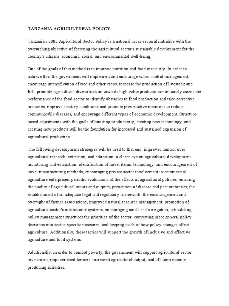 Tanzania Agricultural Policy PDF Agriculture Poverty Reduction