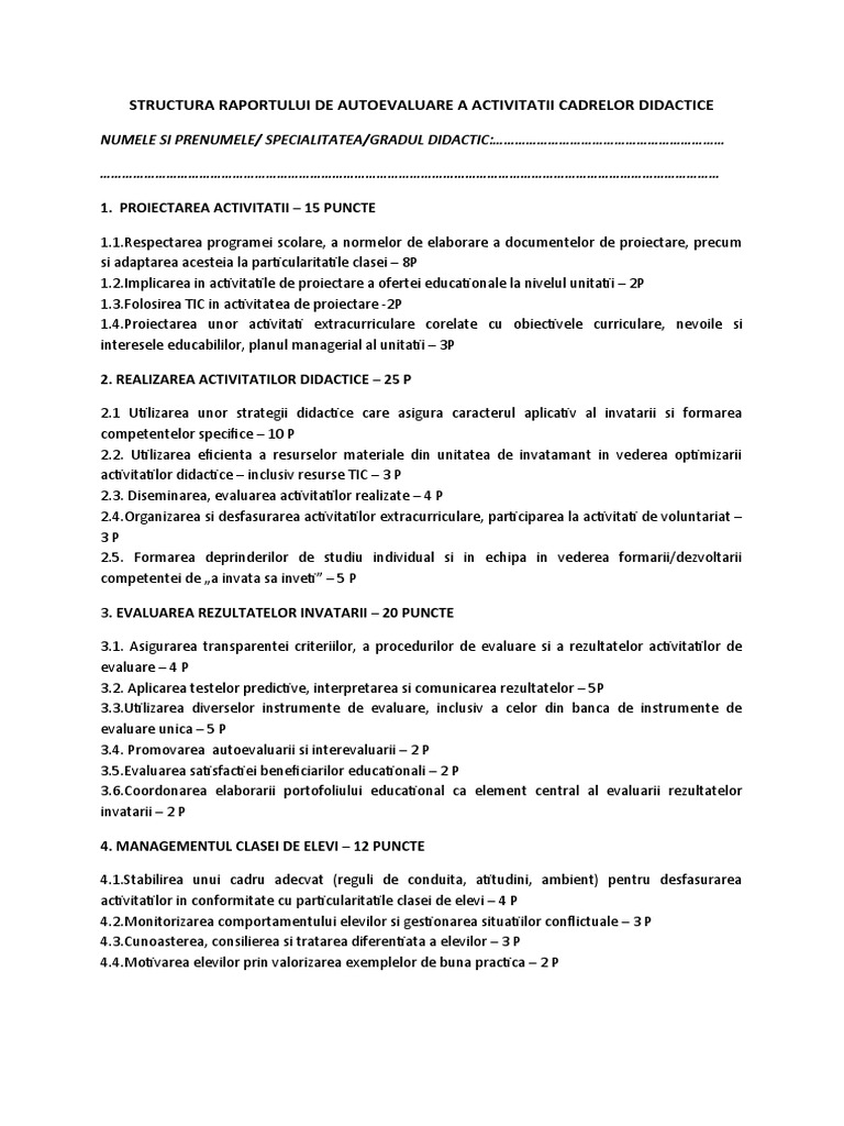 Structura Raportului de Autoevaluare - Cadre Didactice | PDF