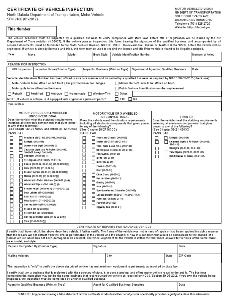 North Dakota Vehicle Inspection Certificate | PDF | Vehicles | Trailer ...