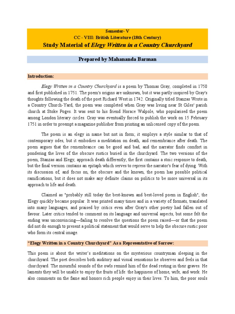 Analysis of Gray's Elegy in Context | PDF | Poetry