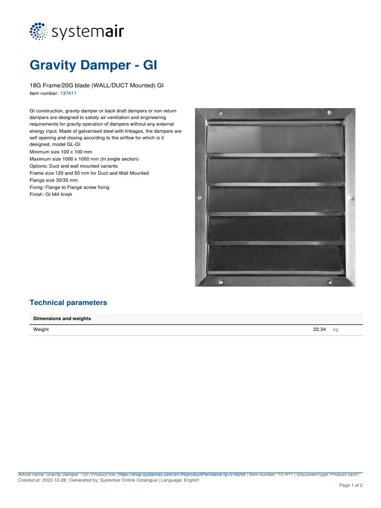 Systemair Gravity Damper GI PDF