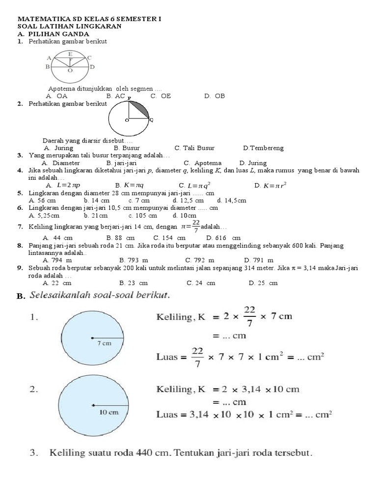 Matematika SD Kelas 6 Semester I Soal Lingkaran | PDF