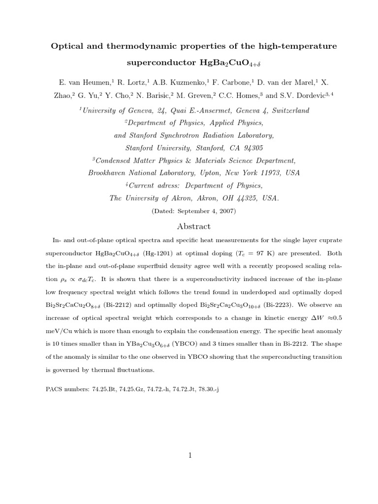 Optical & Thermodynamic Properties of HgBa2CuO4+δ Superconductor | PDF ...