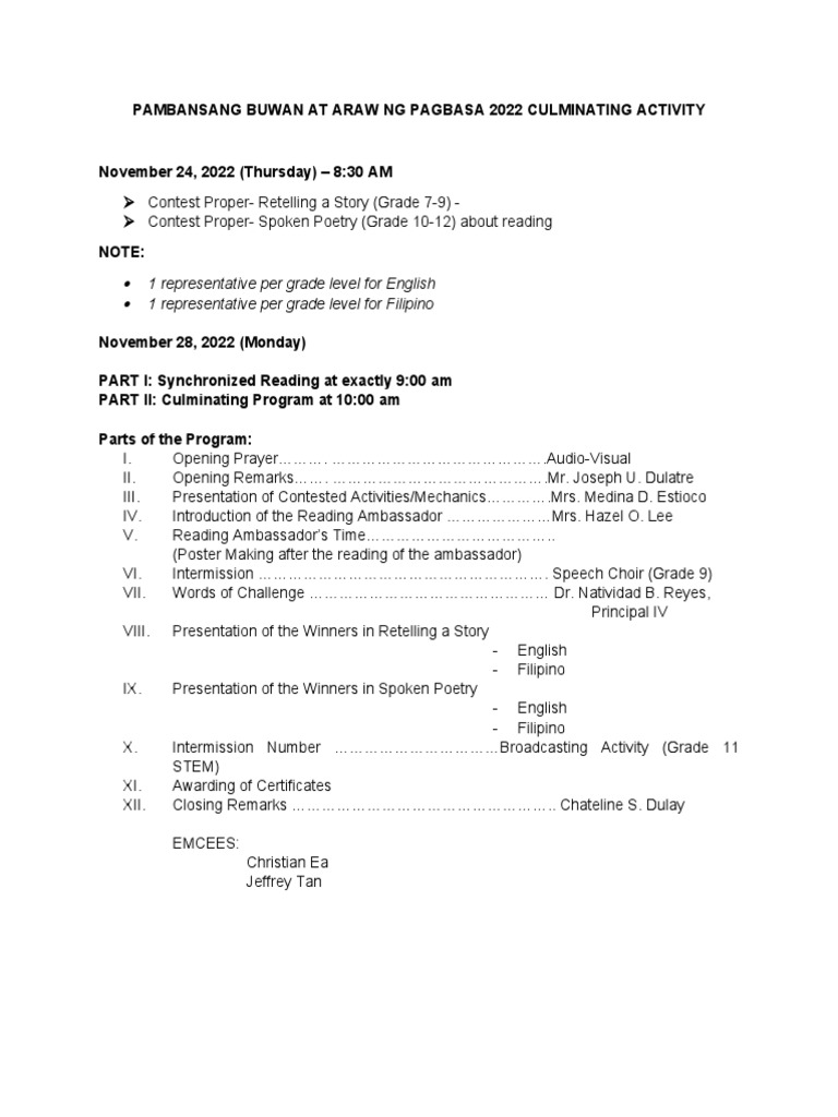 2022 Pambansang Araw ng Pagbasa Activities | PDF | Foreign Language Studies