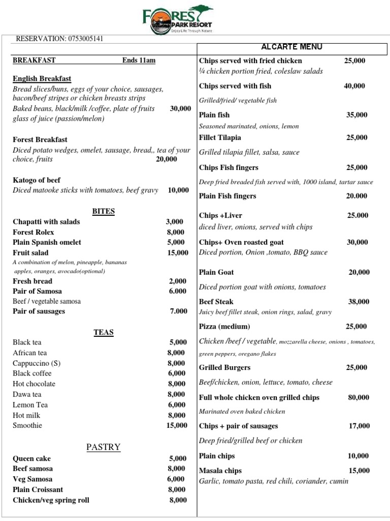 The Forest Restaurant: An Extensive Menu Offering a Wide Variety of