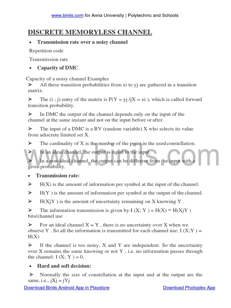 EC8501 UNIT 1 Discrete Memoryless Channels Binary Symmetric Channel