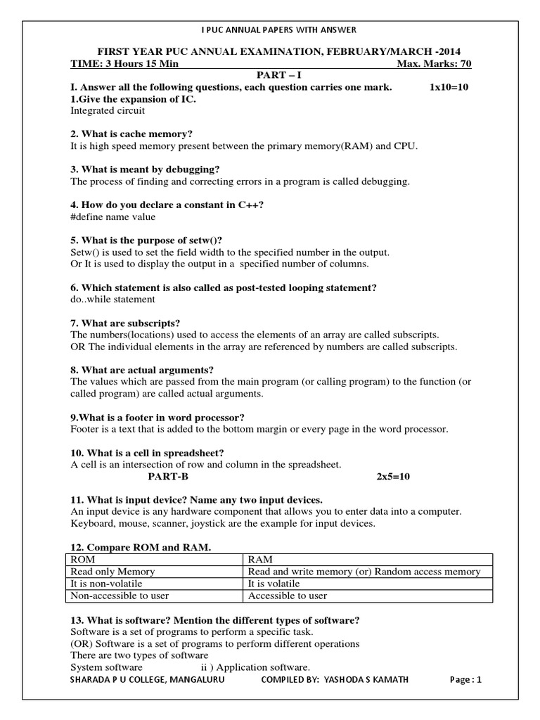 Karnataka state board i p u computer science annual papers with answer