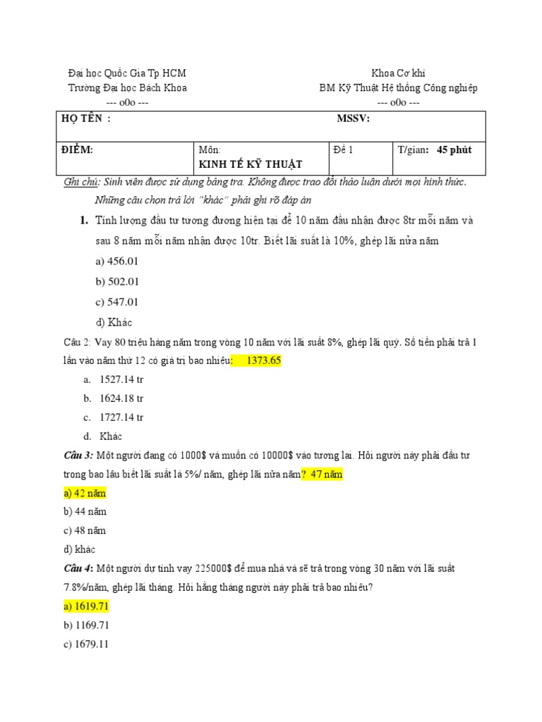 Họ Tên: Mssv: Điểm: Kinh Tế Kỹ Thuật | PDF