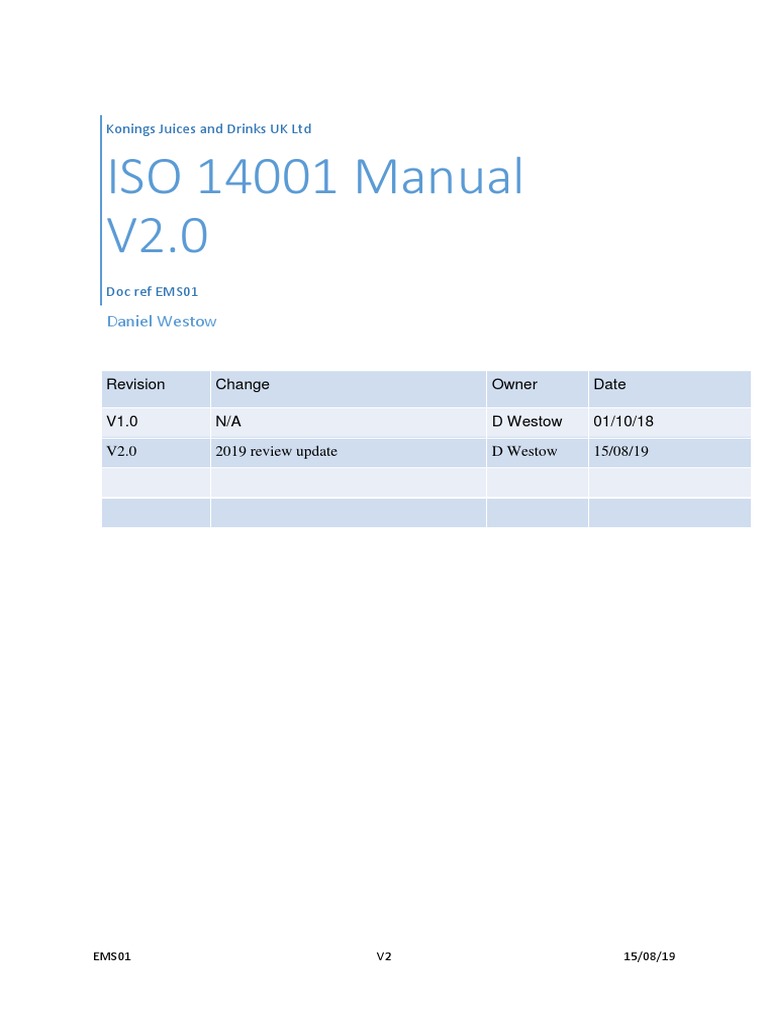 ISO 14001 Environmental Management System Manual for Konings Juices and Drinks UK Ltd PDF