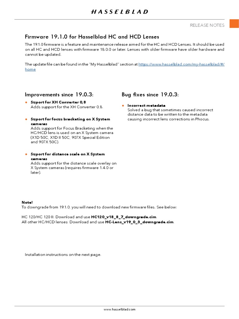 Hasselblad Firmware 19.1.0 Release Notes | PDF | Camera Lens | Camera
