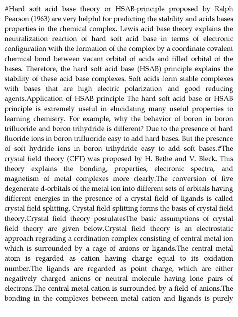 Hard Soft Acid Base Theory or HSAB | PDF | Coordination Complex | Ligand