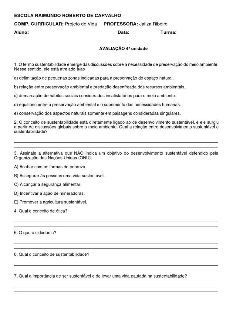 Avaliação projeto de vida 7 | PDF