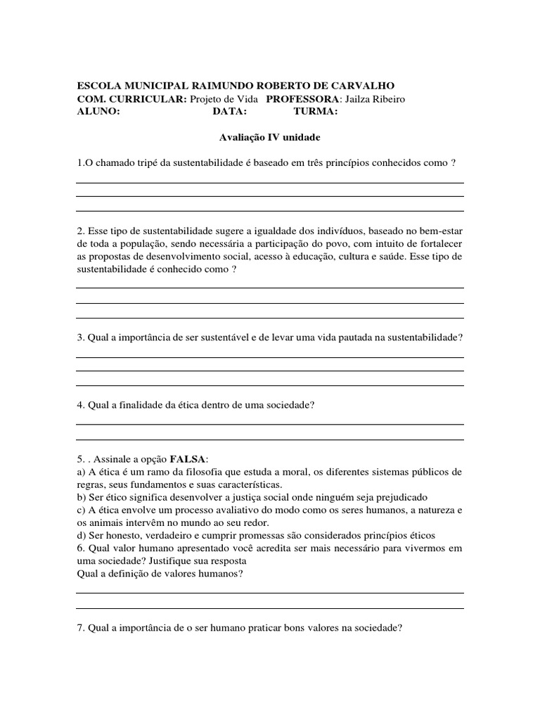 Avaliação Projeto de Vida 8 Ano | PDF