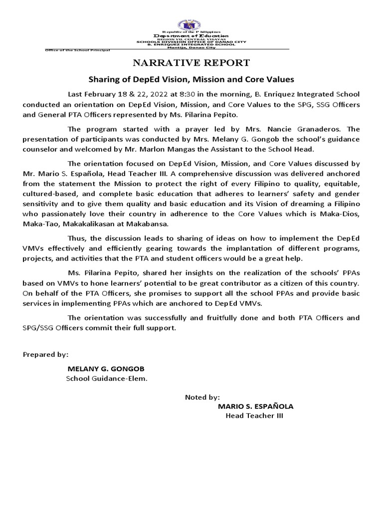 DepEd VMV Orientation Report | PDF | Behavior Modification