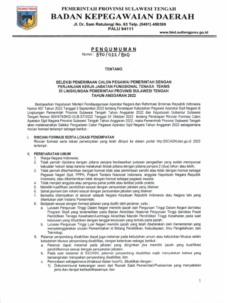 Pengumuman Penerimaan PPPK Tenaga Teknis | PDF