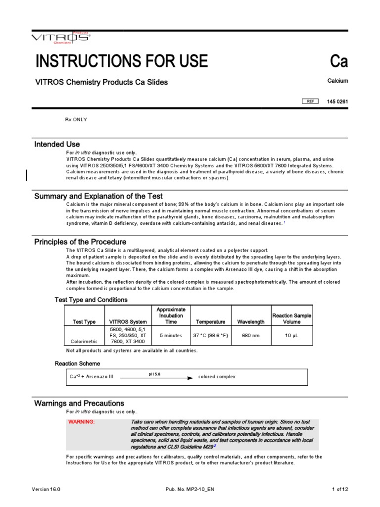Instructions For Use Ca VITROS Chemistry Products Ca Slides PDF