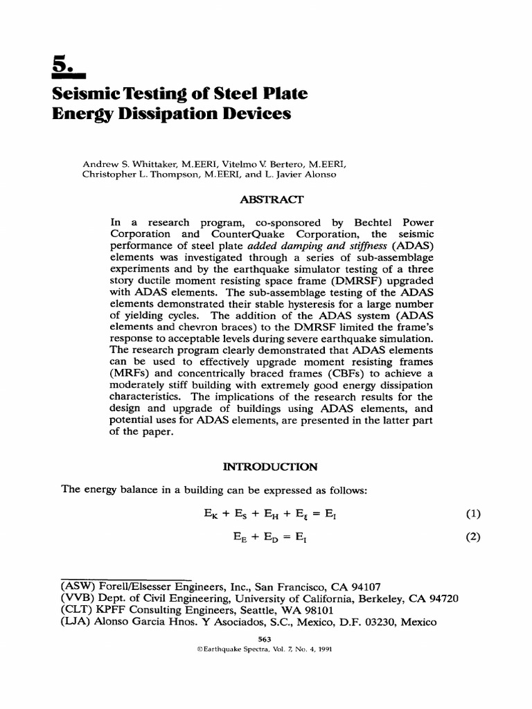 Seismic Testing of Steel Plate Energy Dissipation Devices | PDF