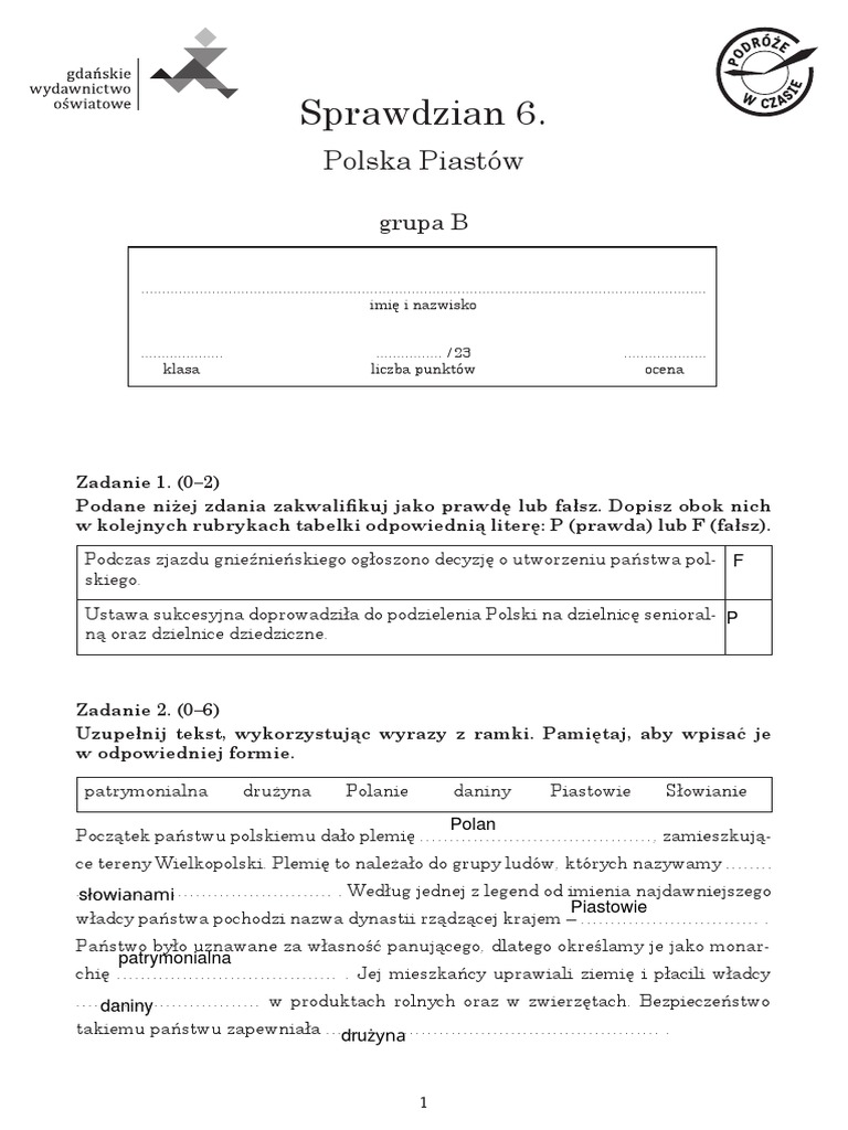 Sprawdzian Historia Klasa 5 Polska Pierwszych Piastów