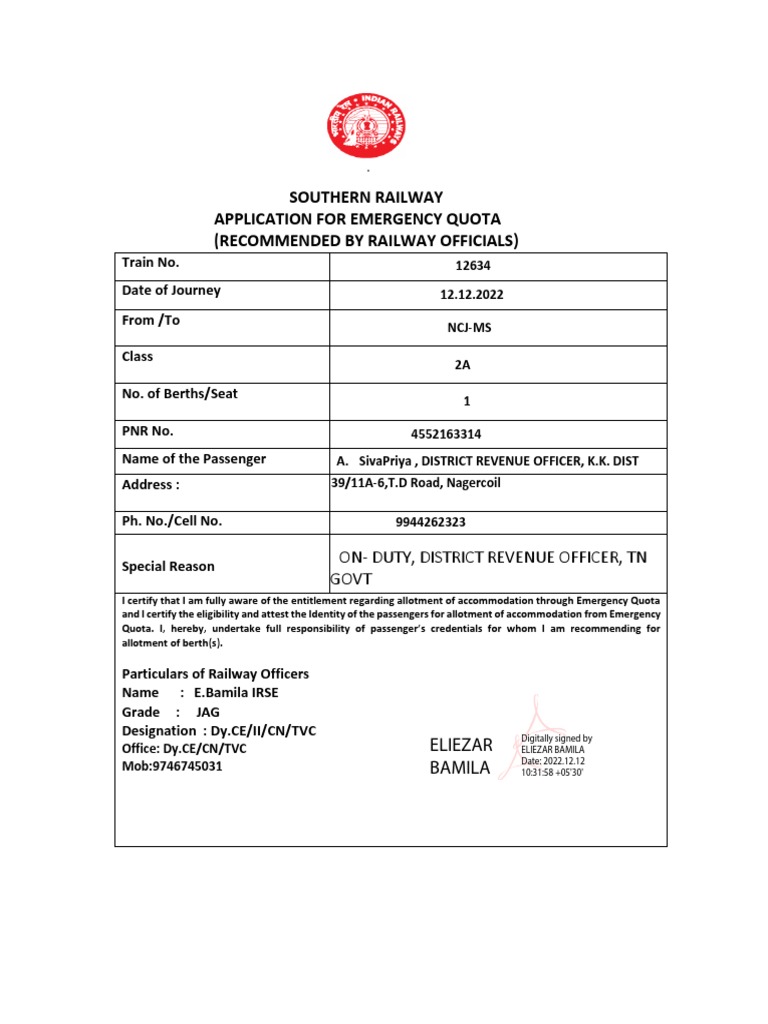 Southern Railway Emergency Quota Form | PDF