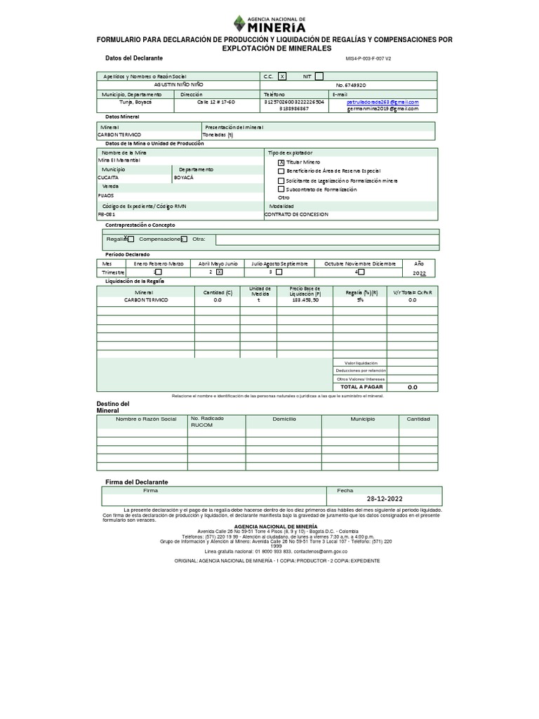 Formulario de Regalias S322 | PDF | Minería | Materiales naturales