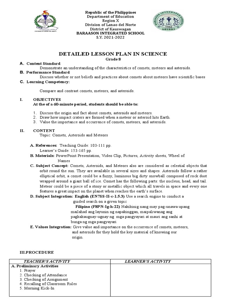 Grade 8 Science Lesson Plan: Comets, Meteors, Asteroids | PDF ...