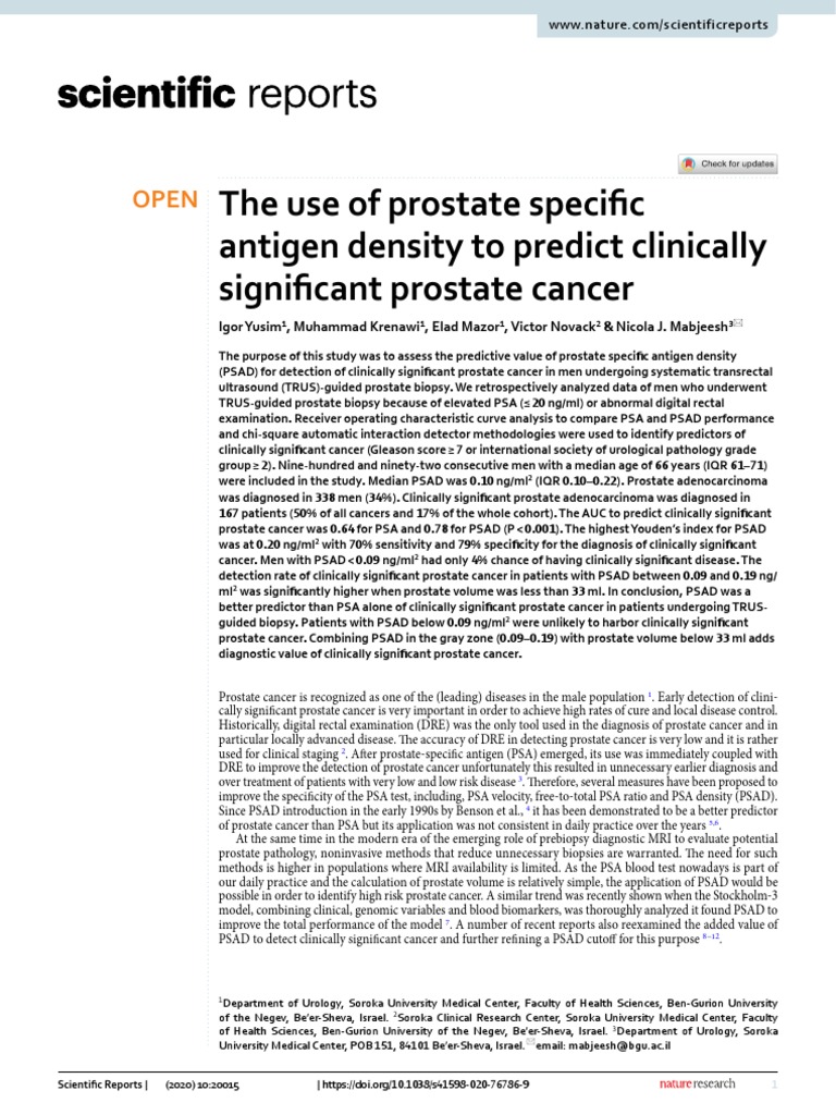 The Use of Prostate Specific Antigen Density To Predict Clinically Significant Prostate Cancer