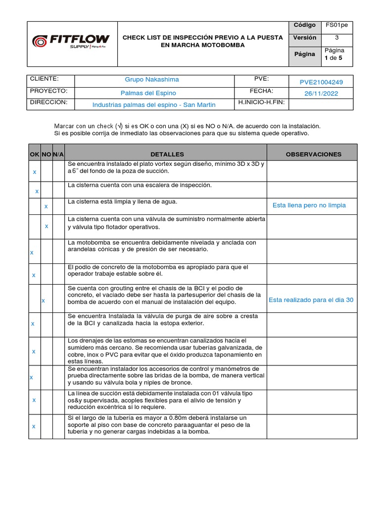 Checklist Inspección Motobomba | PDF | Bomba | Tanques