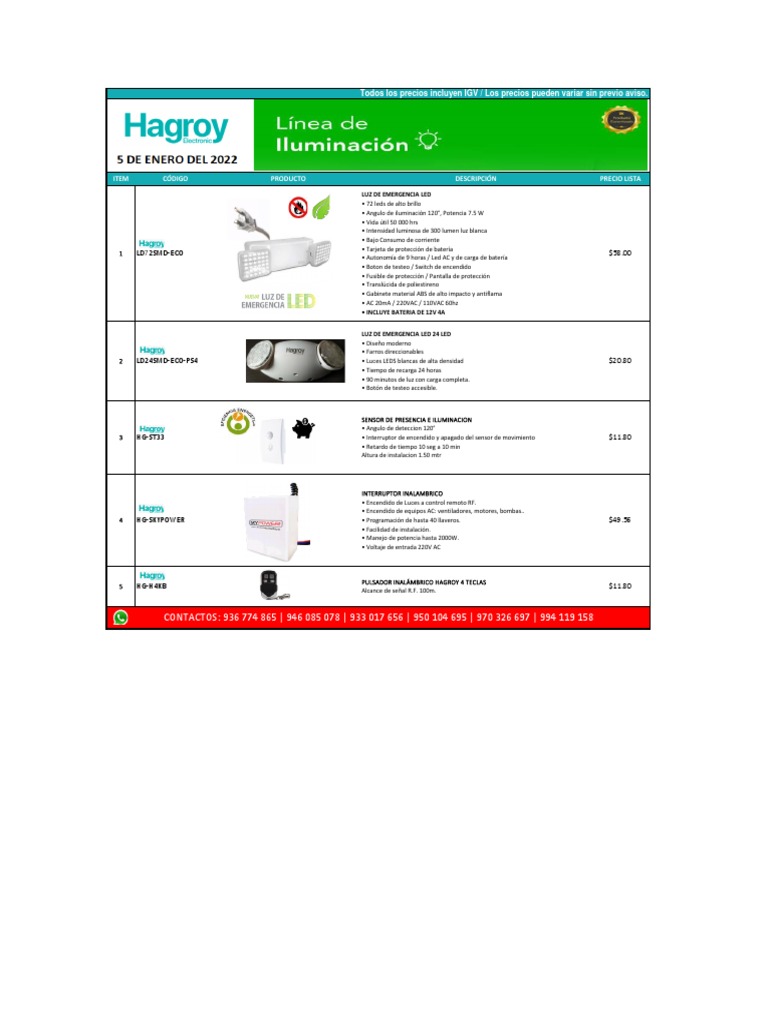 Lista de Precios Hagroy Luces de Emergencia Febrero Cleaned PDF Diodo emisor de luz