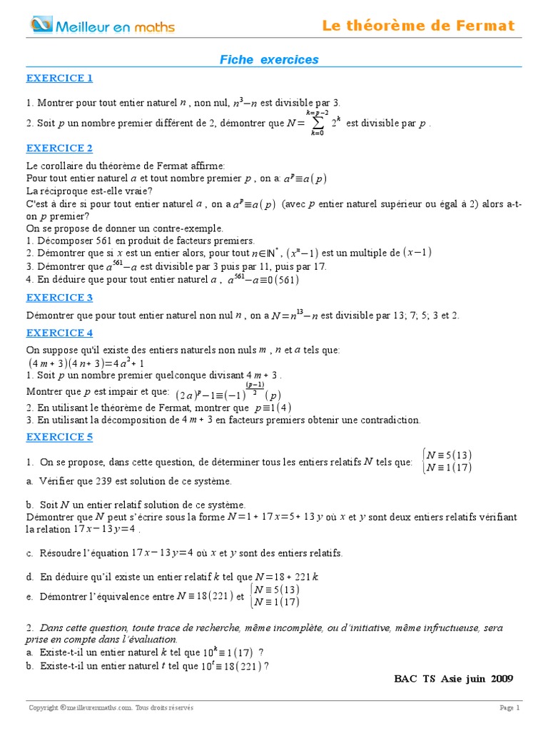 Arithmetique Theoreme Fermat Ex 5 PDF Nombre premier Entier naturel — free download