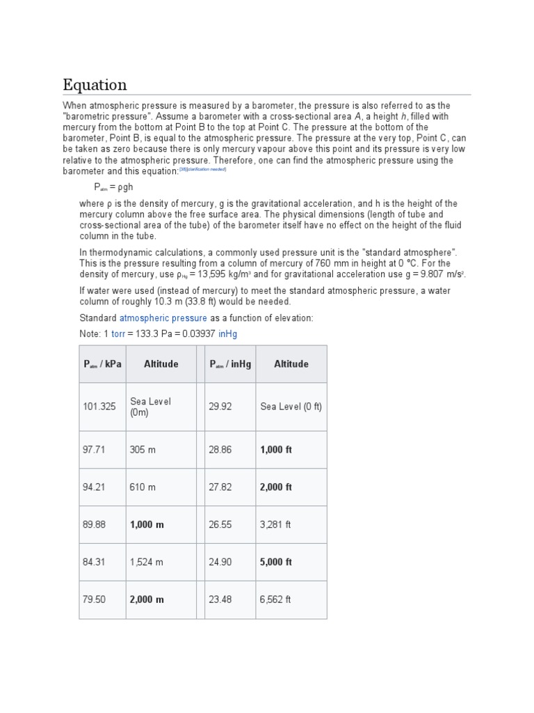 Equation of Barometer PDF Atmospheric Pressure Pressure